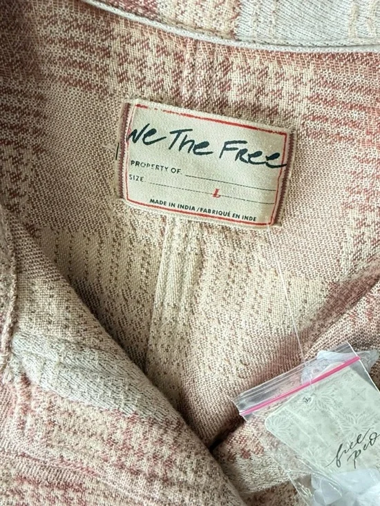 Free People Shirt Women L Beige Pink Plaid Button Up Long Sleeve - Picture 5 of 10